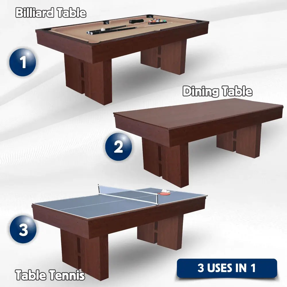 3-in-1 game table infographic for the Freetime Fun Westwood 7-ft table, illustrating its three functional uses: 1) Billiard Table, 2) Dining Table, and 3) Table Tennis.