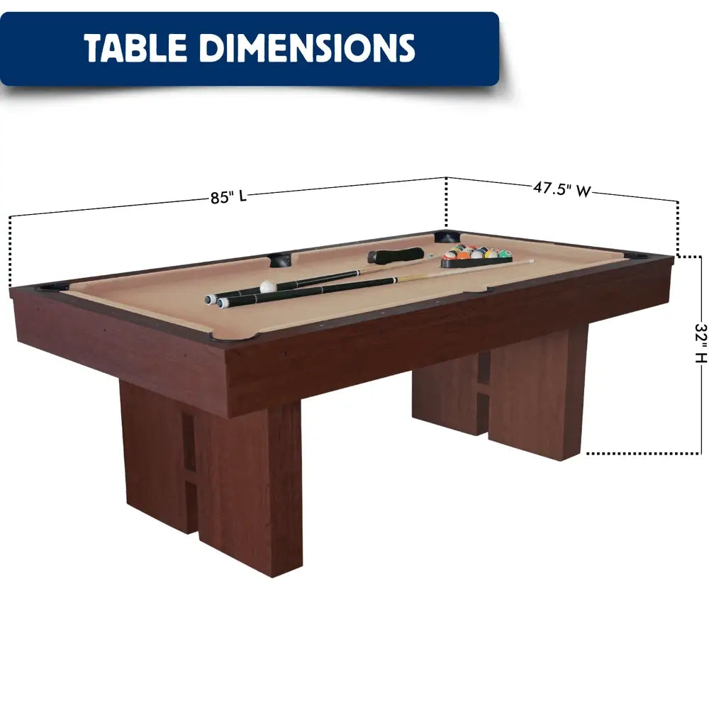Dimension diagram for the Freetime Fun Westwood 7' Multi-Game pool table showing external measurements of 85 inches long, 47.5 inches wide, and 32 inches high.