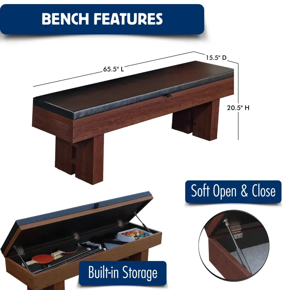 Bench features diagram for the Westwood multi-game table showing storage dimensions (65.5" L x 15.5" D x 20.5" H), built-in accessory storage, and a soft open-and-close gas strut hinge.