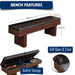 Bench features diagram for the Westwood multi-game table showing storage dimensions (65.5" L x 15.5" D x 20.5" H), built-in accessory storage, and a soft open-and-close gas strut hinge.