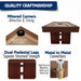 Craftsmanship infographic for the Westwood 7-ft combo table highlighting mitered corners with K-66 pool table cushions, dual pedestal legs, high-pressure melamine finish, and heavy-use metal-to-metal bolt connections.