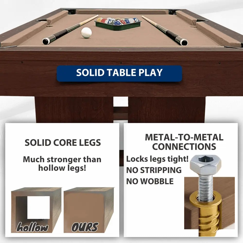 Structural stability diagram showing the Freetime Fun solid core legs compared to hollow legs, paired with tight metal-to-metal bolt connections to ensure solid table play without wobbling.