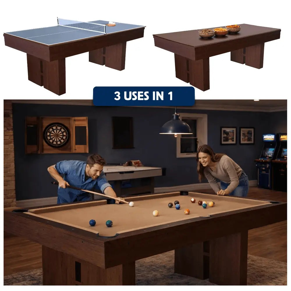 Lifestyle game room scene showing a man and a woman playing pool on the Freetime Fun Westwood 7' multi-game table in an espresso finish, with upper inset photos displaying the table tennis and dining table conversions.