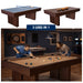 Lifestyle game room scene showing a man and a woman playing pool on the Freetime Fun Westwood 7' multi-game table in an espresso finish, with upper inset photos displaying the table tennis and dining table conversions.
