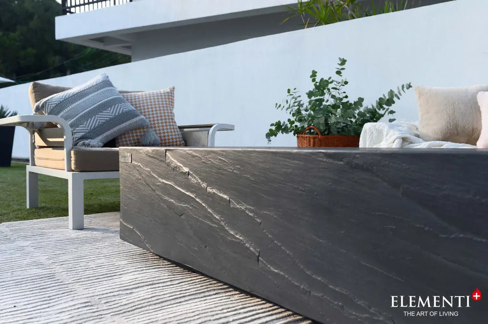 Macro detail of Cape Town fire table handcrafted slate black GFRC stone finish.