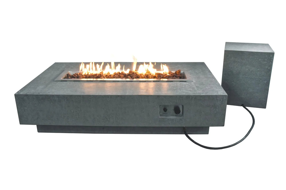 Elementi Hampton OFG139DG 56" Dark Gray Fire Table with a matching dark gray concrete tank cover box.