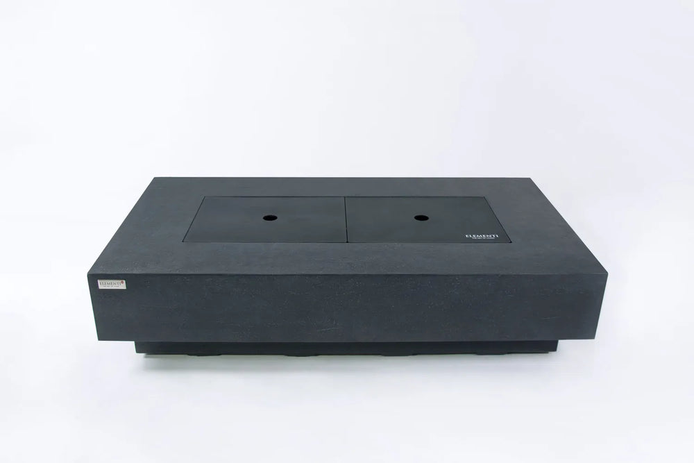 Elementi Plus Positano dark gray fire table with burner covers closed.