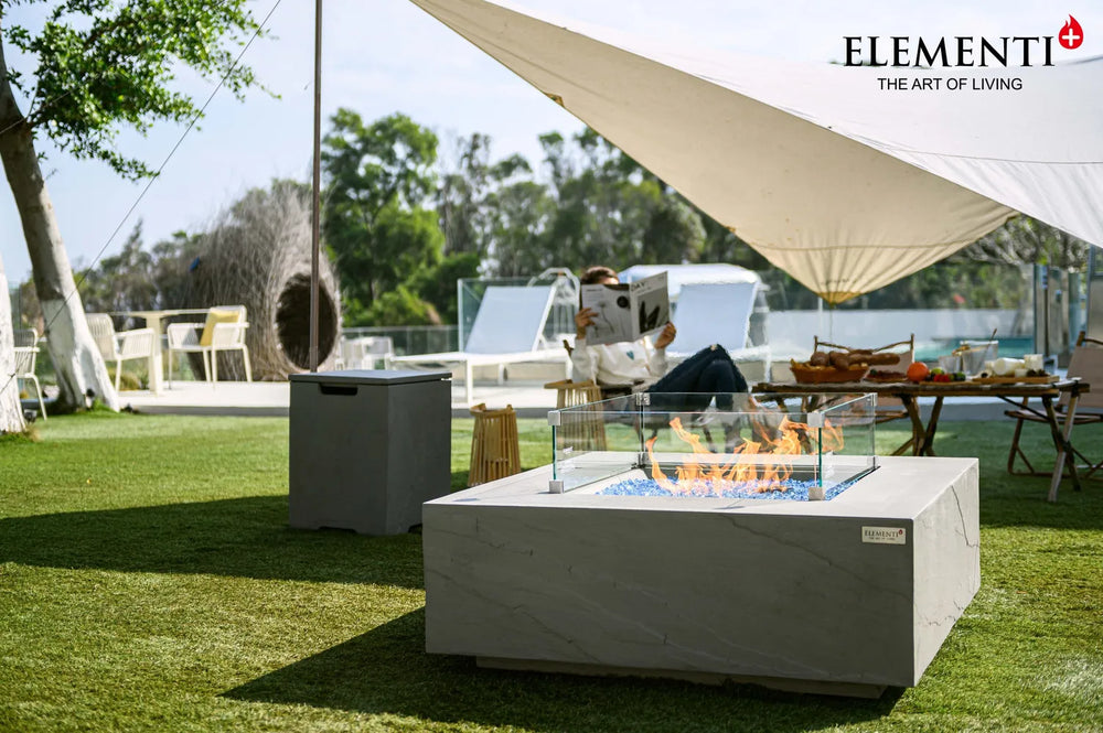 Modern outdoor lounge with Capertee rectangular fire pit table and designer patio furniture.