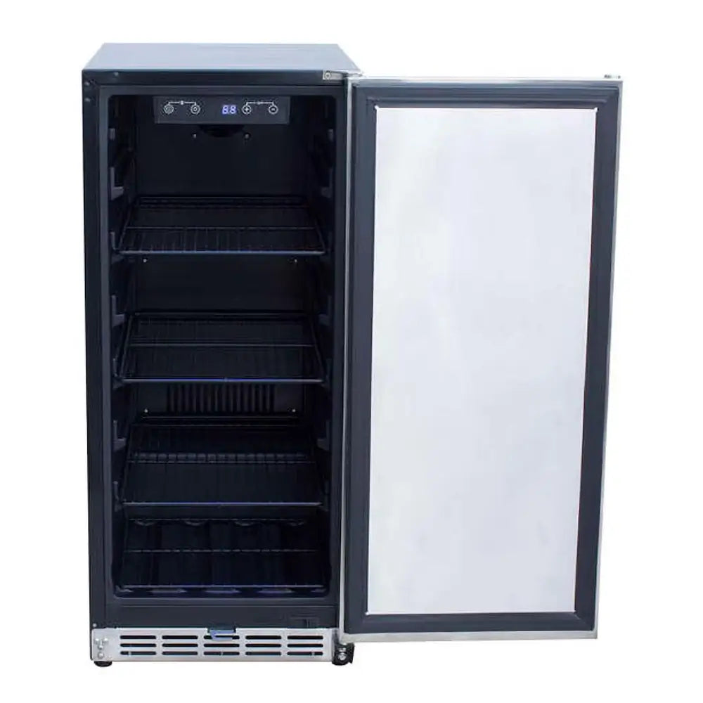 Summerset RFR-15S 15" Outdoor Refrigerator with glass door open, showing digital controls and shelves.