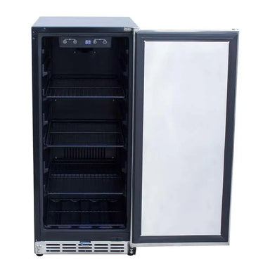 Summerset RFR-15S 15" Outdoor Refrigerator with glass door open, showing digital controls and shelves.