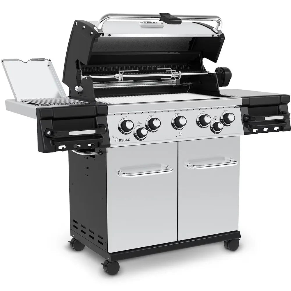 Broil King Regal S 590 Pro IR gas grill with lid open, angled view