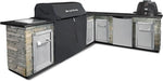 Broil King 68592 grill cover for Imperial 500, shown on a built-in grill in a stone outdoor kitchen island.