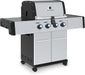 Broil King Regal S 420 Pro stainless gas grill, angled left-front product view with side shelves and locking caster wheels