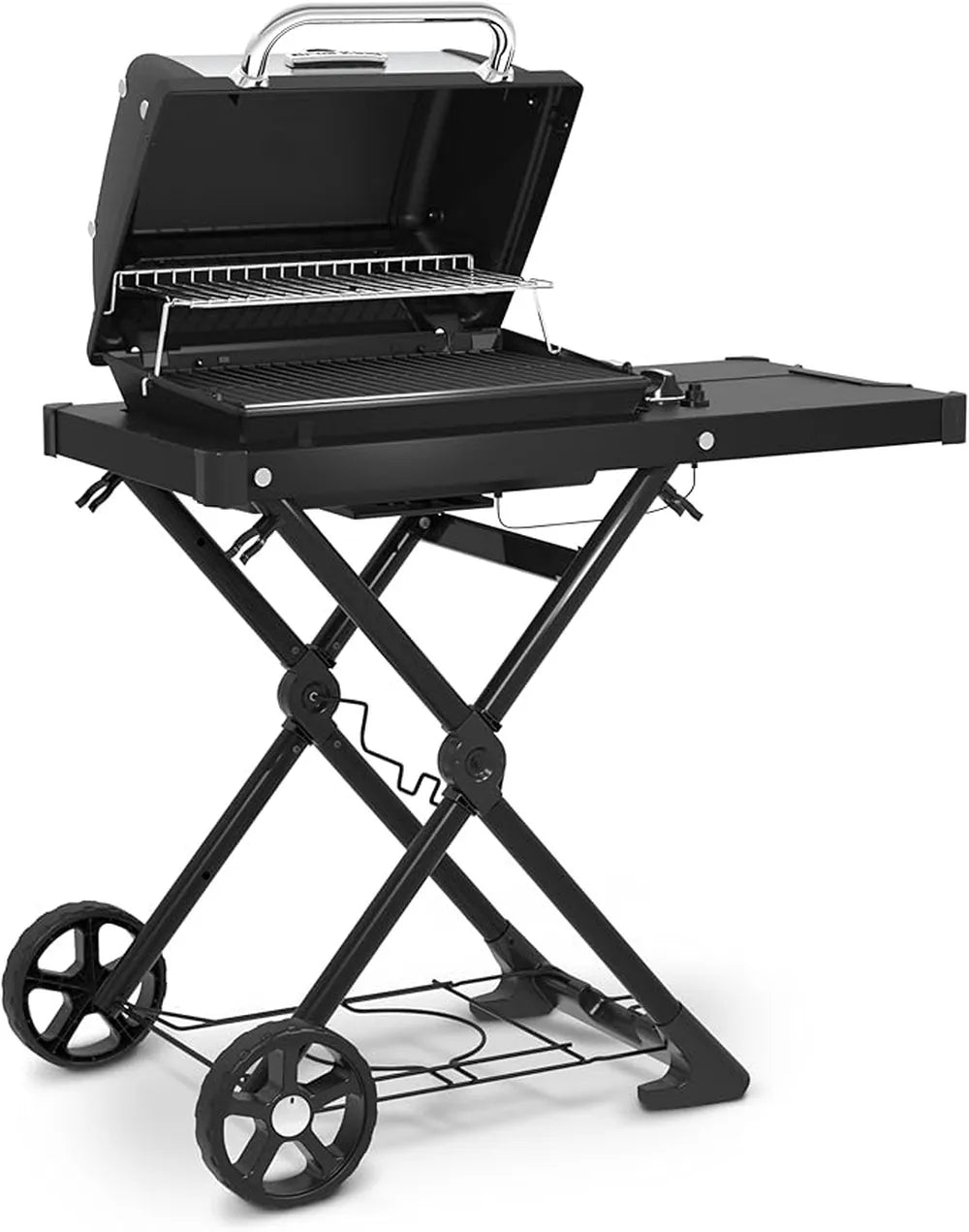 Angled view of the Broil King Porta-Chef AT220 portable gas grill with open lid, showing the grilling surface, warming rack, folding cart frame, and compact portable setup.