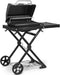 Angled view of the Broil King Porta-Chef AT220 portable gas grill with open lid, showing the grilling surface, warming rack, folding cart frame, and compact portable setup.