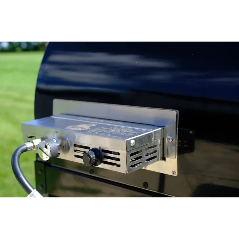 Close-up of WPPO Traditional 25 dual fuel pizza oven gas burner attachment with control knob and stainless mounting plate.