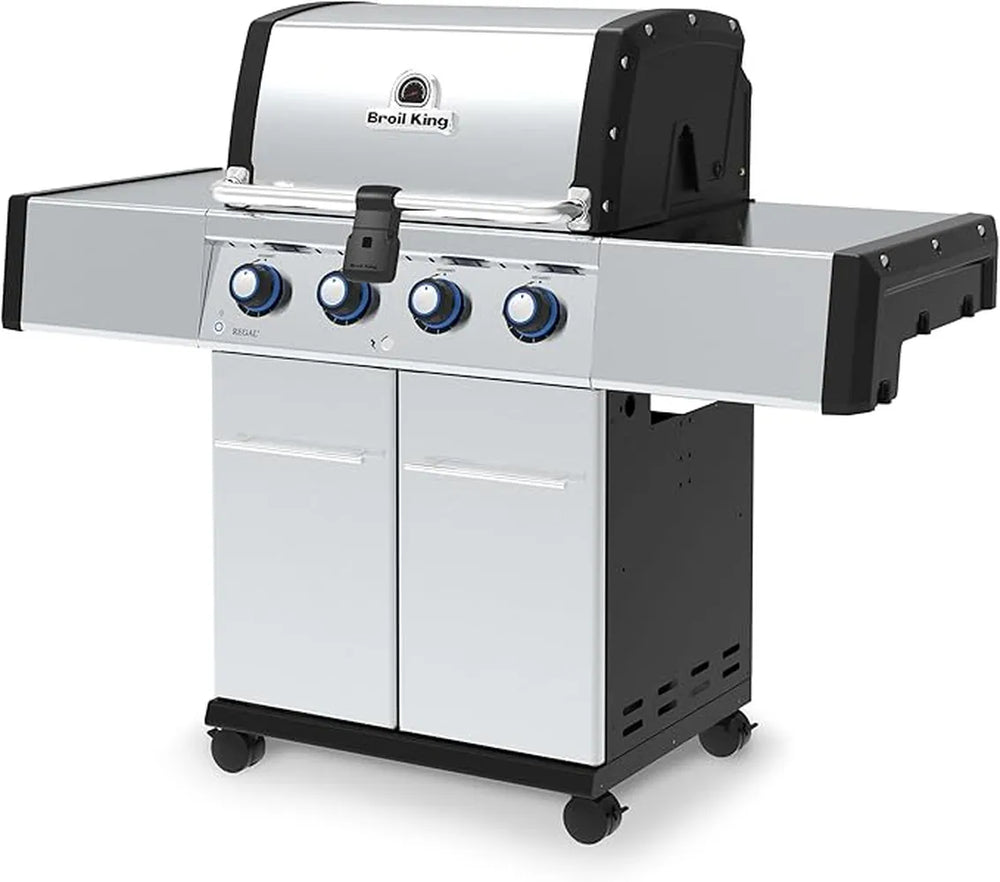 Broil King Regal S 420 Pro stainless gas grill, angled right-front view with closed lid and stainless side shelves