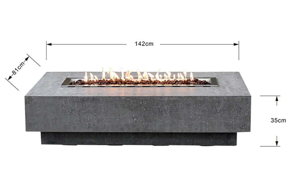 Dimensions for Elementi Hampton OFG139LG Fire Table showing 56 inch length and 14 inch height specifications.