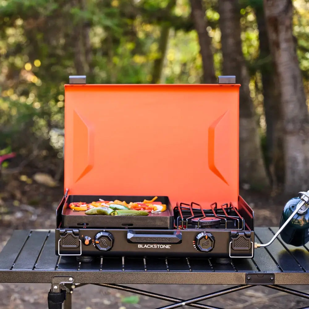 Front close-up showing igniter knob and burner controls on compact griddle