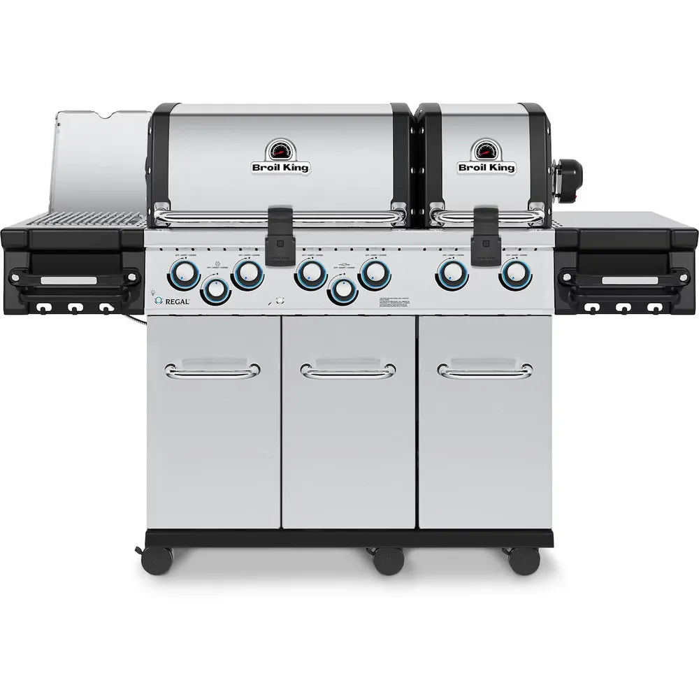 Broil King Regal S 690 Pro IR dual-oven grill, front view with infrared side burner and stainless steel finish