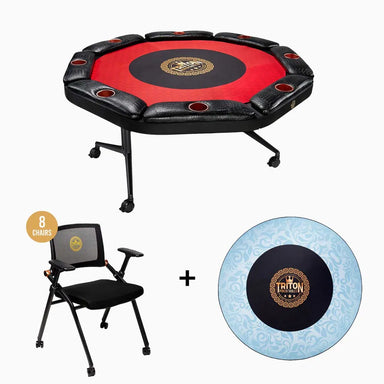 Triton 8 player folding poker table set with red round poker table, 8 rolling chairs, and blue Triton poker mat.