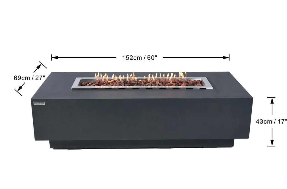 Dimensions for Elementi Granville OFG121DG Fire Table 60" Dark Gray showing width, height, and depth measurements.