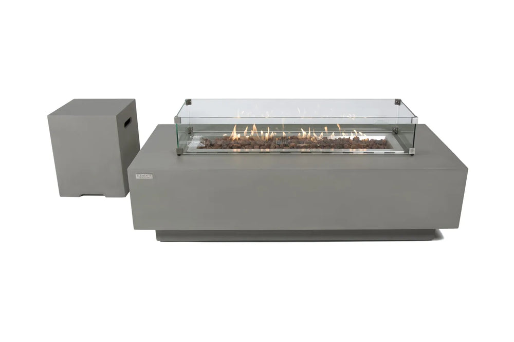 Elementi Granville OFG121LG Fire Table with glass wind guard and matching grey propane tank cover box.