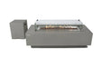 Elementi Granville OFG121LG Fire Table with glass wind guard and matching grey propane tank cover box.
