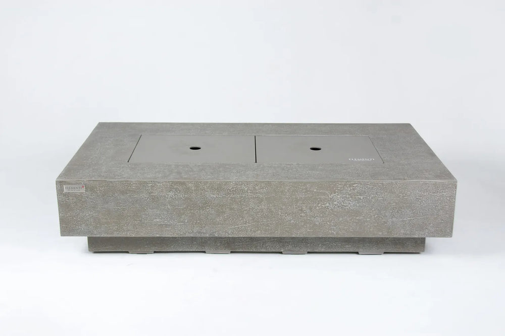 Elementi Plus Riviera light gray fire table with burner covers installed.