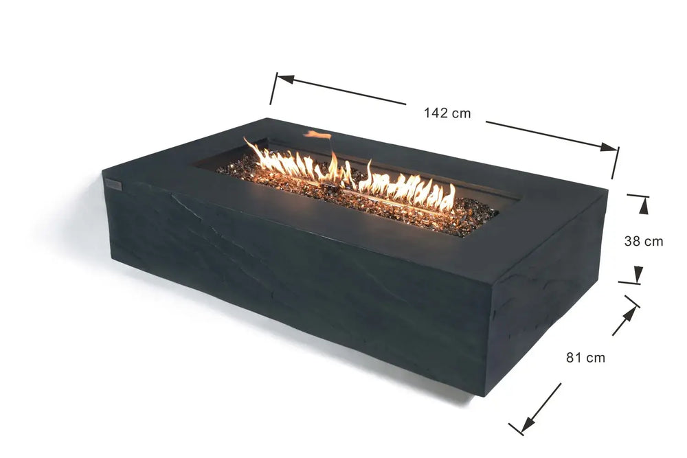 Dimensions for Elementi Plus Cape Town fire table: 142cm length, 81cm width, 35cm height.