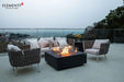 Modern outdoor lounge featuring the Roraima rectangular fire pit table and designer patio furniture.