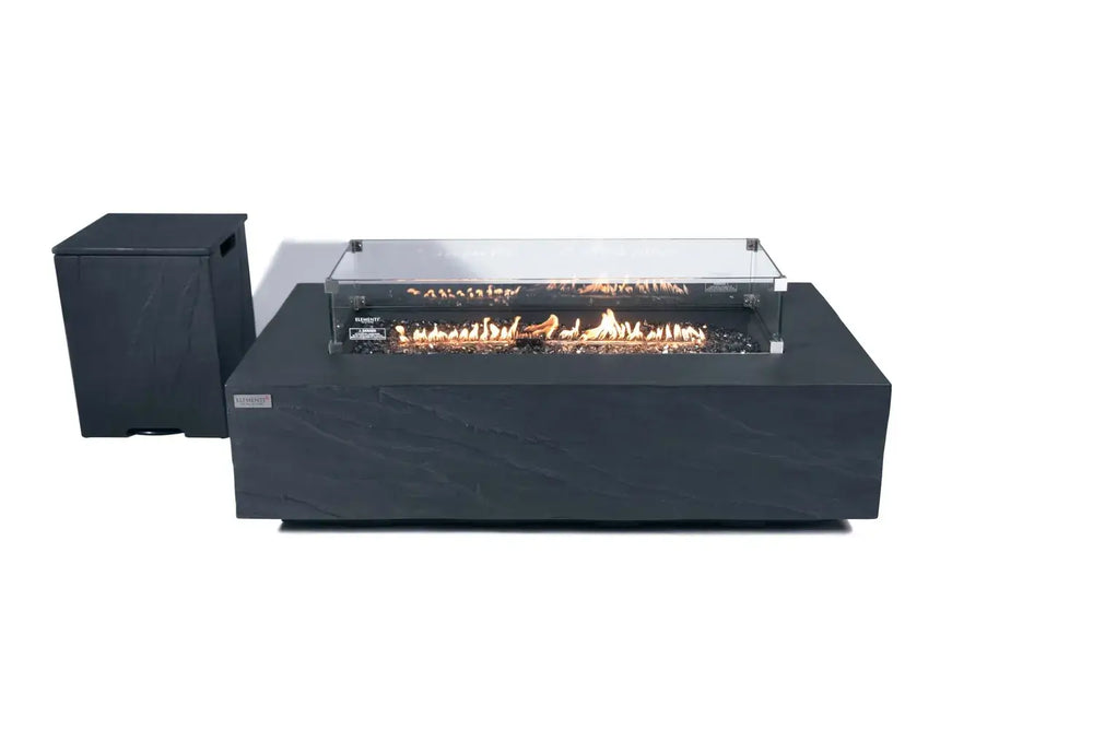 Cape Town slate black fire table with matching stone-textured propane tank cover.