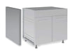 A Broil King 800050 Side Panel Finish being installed on a modular outdoor kitchen cabinet unit, illustrating how it covers exposed cabinet sides and legs for a finished look.