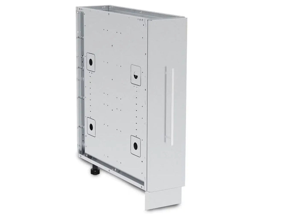 Angled side view of the closed Broil King 800060 spice cabinet, showing the rear mounting panel and durable stainless steel construction for built-in grill islands.