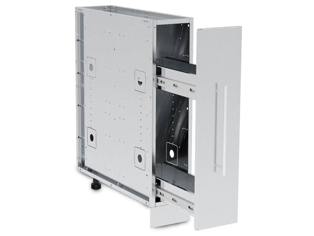 Open view of the Broil King 800060 Rear Panel Spice Cabinet Storage drawer, highlighting the smooth sliding mechanism and internal storage space for spices and grilling accessories.