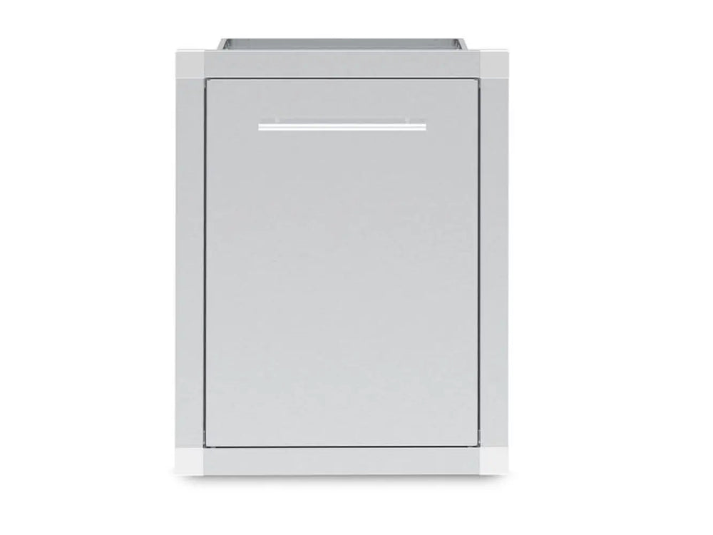 Front view of a Broil King 800110 stainless steel single door storage assembly for outdoor kitchens, featuring a sleek modern handle and weather-resistant finish.