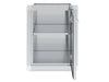 Interior view of the Broil King 800110 outdoor cabinet showing a spacious storage compartment with an adjustable stainless steel shelf and right-swing door.