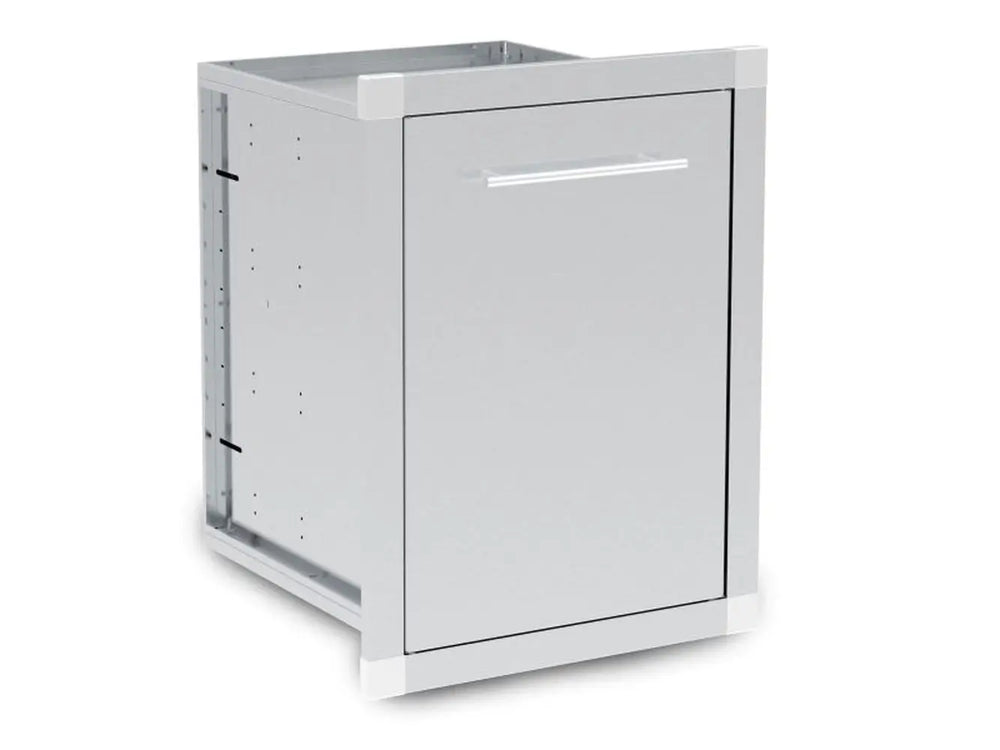 Three-quarter angle of the Broil King 800110 single door storage unit, highlighting the modular cabinet design and durable 304-grade stainless steel construction.