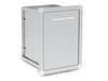 Three-quarter angle of the Broil King 800110 single door storage unit, highlighting the modular cabinet design and durable 304-grade stainless steel construction.