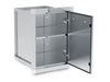 Angled view of the Broil King 800110 storage assembly with the door open, showcasing the magnetic closure, interior shelving, and heavy-duty hinges for BBQ island integration.