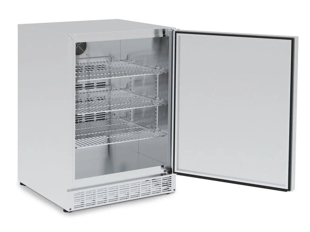 Open view of the Broil King 800149 24-Inch Outdoor Fridge showing three adjustable wire shelves and a polished stainless steel interior.