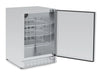 Open view of the Broil King 800149 24-Inch Outdoor Fridge showing three adjustable wire shelves and a polished stainless steel interior.