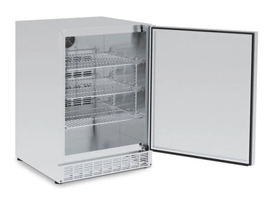Broil King Imperial series outdoor refrigerator with stainless steel finish and adjustable wire shelving for island integration.