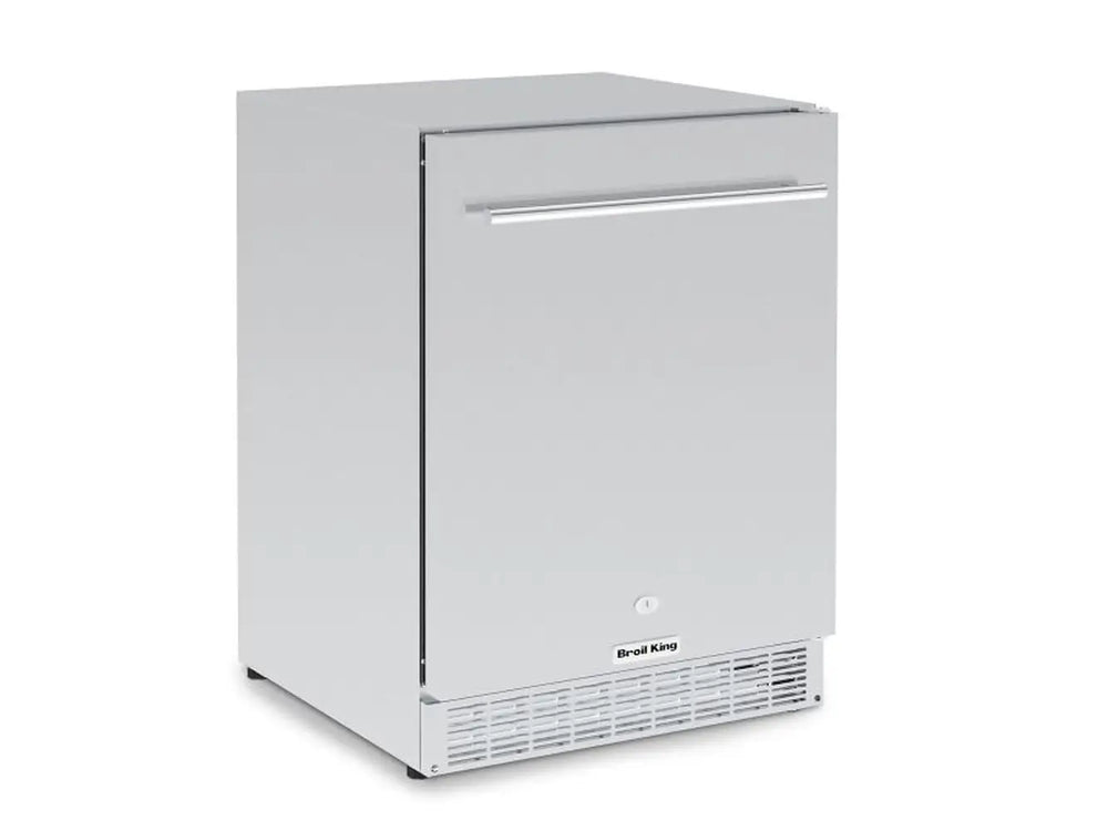 Three-quarter angle of the Broil King 800149 outdoor refrigerator featuring a stainless steel door, pro-style handle, and front-venting kickplate.