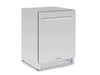 Three-quarter angle of the Broil King 800149 outdoor refrigerator featuring a stainless steel door, pro-style handle, and front-venting kickplate.