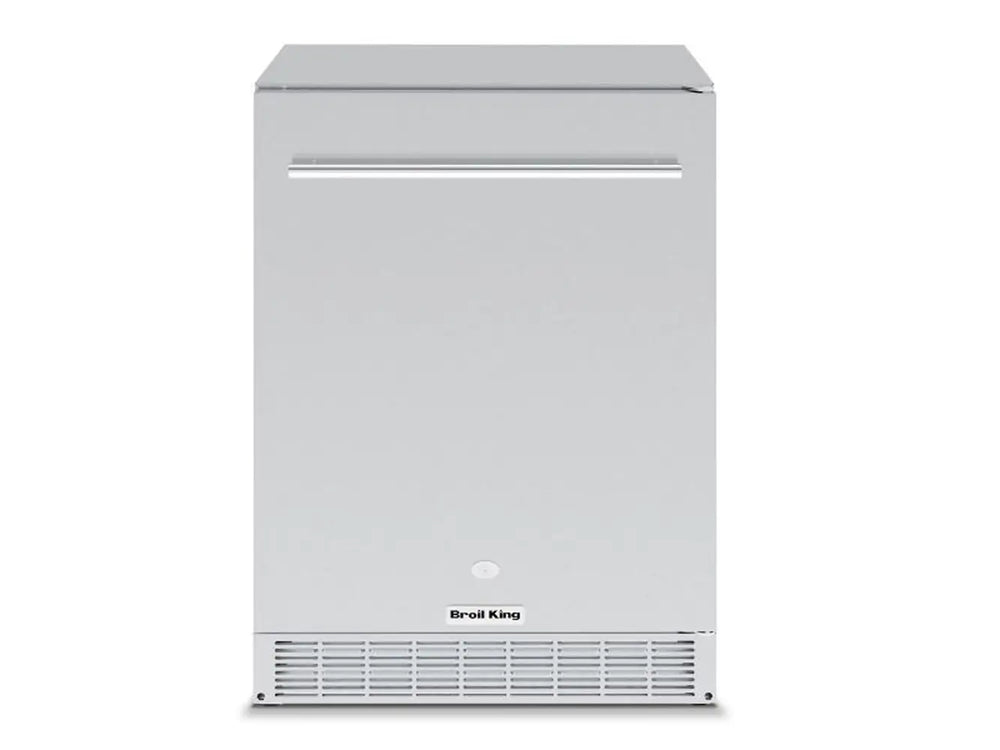 Front-facing view of the Broil King 800149 24-inch stainless steel outdoor fridge with a built-in door lock for secure patio storage.