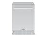 Front-facing view of the Broil King 800149 24-inch stainless steel outdoor fridge with a built-in door lock for secure patio storage.