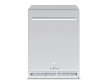 Front-facing view of the Broil King 800149 24-inch stainless steel outdoor fridge with a built-in door lock for secure patio storage.