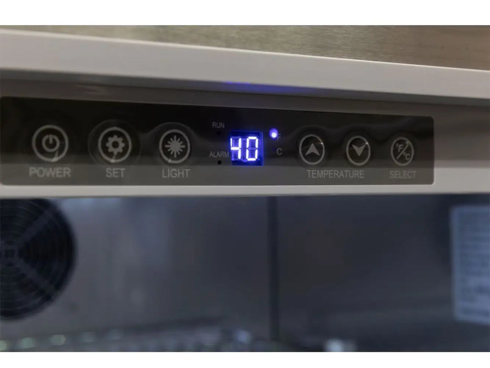 Close-up of the digital temperature control panel on a Broil King outdoor fridge displaying a 40-degree Fahrenheit setting.