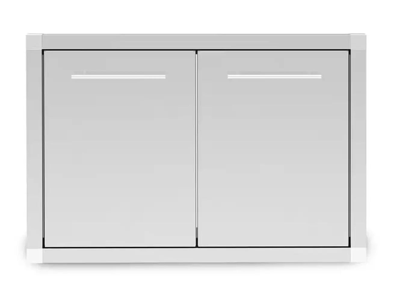 Front view of Broil King 800200 premium stainless steel double access doors for outdoor kitchen islands, featuring sleek horizontal handles and a flush-mount frame.
